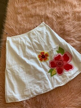 George White A-Line Skirt with Red & Yellow Floral Appliqué